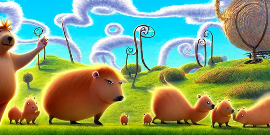 Prompt: cartoon concept art, capybara character, spiral clouds, from lorax movie