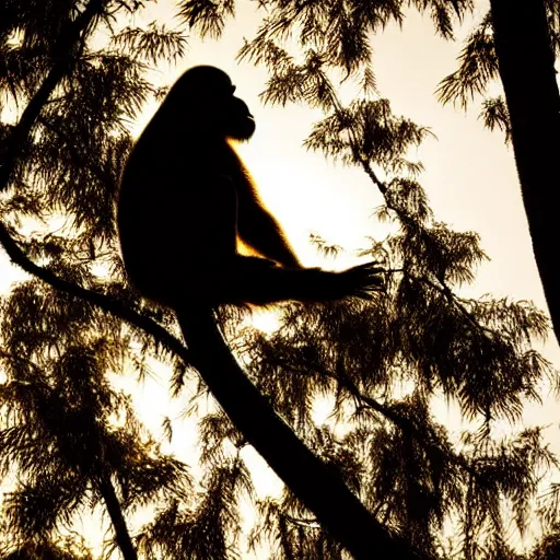 Image similar to rim light around fur of an ape on a tree, silhoutte, dim light, golden hour, tree top, dslr award winning photo, nikon