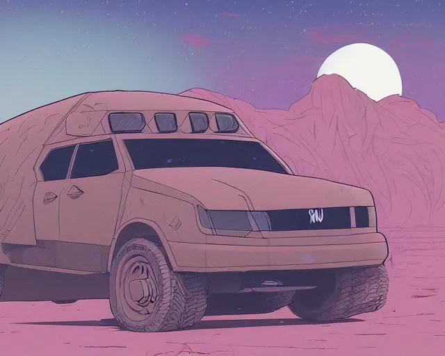 Prompt: a study of cell shaded cartoon of kanye west on a desert road, in front of a big moon illustration, wide shot, muted colors, post grunge, concept art by josan gonzales and wlop, david rubin, mike mignola, laurie greasley, highly detailed, sharp focus, trending on artstation, hq, deviantart, art by artgem