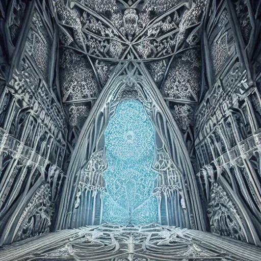 Prompt: a hyperrealistic 3 d render of a huge sprawling fractal cathedral interior populated by mandelbrot fractals by android jones, unreal engine, carved soap, white color scheme, volumetric lighting, octane render, dramatic lighting, glowing, carved marble, opalescent, carved wood, sacred geometry, religious, angelic, catholicpunk, stark, 8 k, ultra detailed