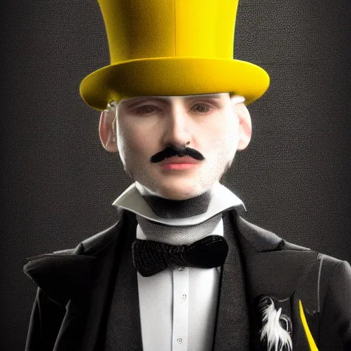 Image similar to a highly detailed portrait of a man in a high top hat covering his face, in a black tailcoat with a yellow waistcoat under the tailcoat, artstation, deviantart, professional, unreal engine 5, photorealistic