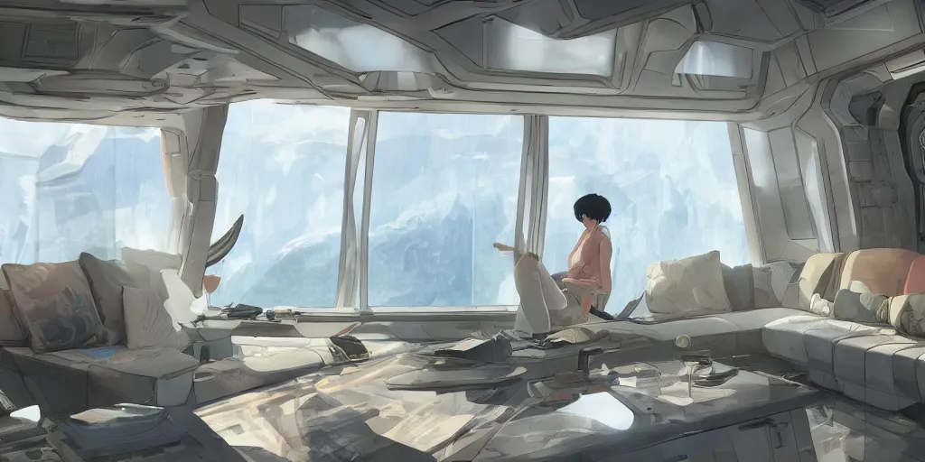 Image similar to a luxury living quarters living room in the 23rd century with a view from a singular window 10km high in space elevator, low contrast, ivan laliashvili, Studio Ghibli and Shinkai Makoto, D render