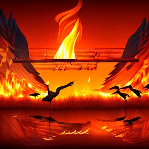 Image similar to in the lower part of the picture is the harp burning in the fire, above are cranes flying in flames, digital painting, concept art