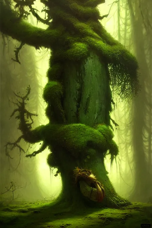 Prompt: great fat tree with a moss moustache in the woods by bayard wu, anna podedworna, gaston bussiere, greg rutkowski