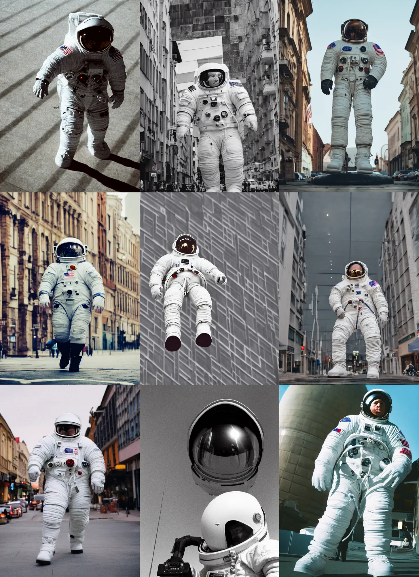 Prompt: extreme low angle, white giant towering chubby american astronaut in spacesut with oversized helmet walking in legnica, movie still, bokeh, canon 5 0 mm, cinematic lighting, dramatic, film, photography, depth of field, award - winning, overcast, 8 k, 3 5 mm film grain