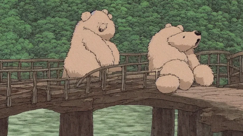 Prompt: Big fluffy bear sitting on a bridge, Studio Ghibli