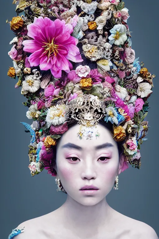 Image similar to a beautiful portrait of a singular empress, with a brilliant, impossible striking big flower headpiece, clothes entirely made out of flowers, symmetrical, dramatic studio lighting, rococo, baroque, jewels, asian, hyperrealism, closeup, D&D, fantasy, intricate, elegant, highly detailed, digital painting, artstation, octane render, 8k, concept art, matte, sharp focus, illustration, art by Artgerm and Greg Rutkowski and Alphonse Mucha