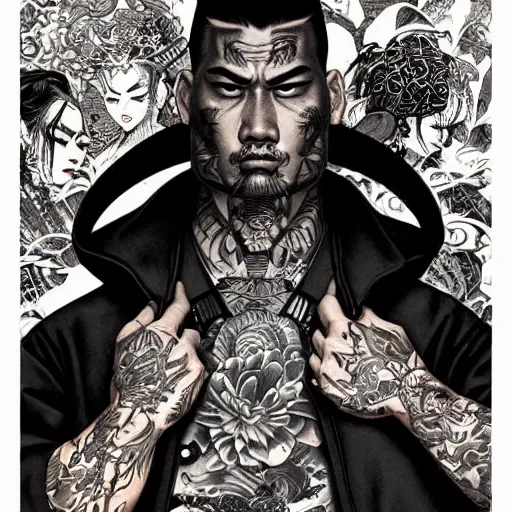 Image similar to silhouette of a heavily tattooed Yakuza warrior illustration, medium shot, intricate, elegant, highly detailed, digital art, ffffound, art by JC Leyendecker and sachin teng