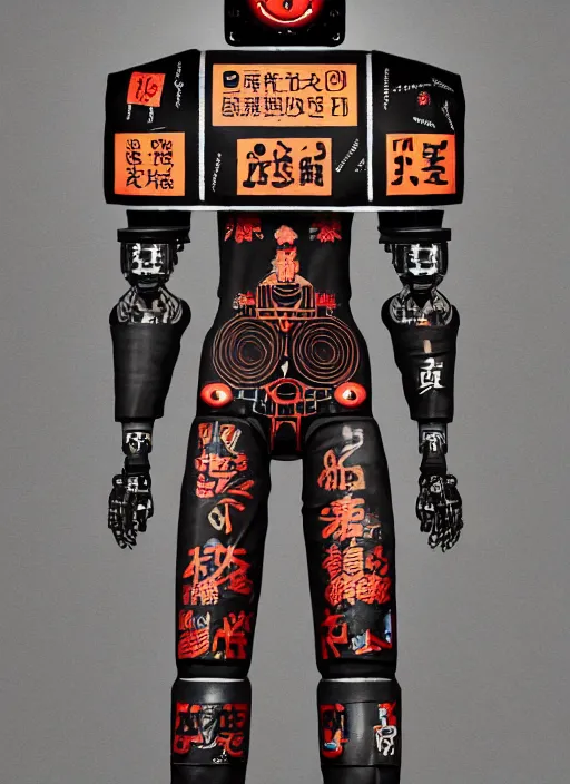 Image similar to full body photo of an industrial punk robot with kanji tattoos and decals wearing a digital pixelated kimono, intricate design, photo - realistic, octane render, dark colour palette, ultra fine detailed, character design, trending on artstation