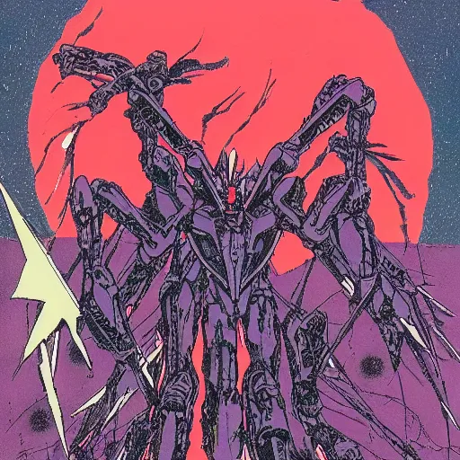 Prompt: illustration of an evangelion 0 2 made by moebius and druillet