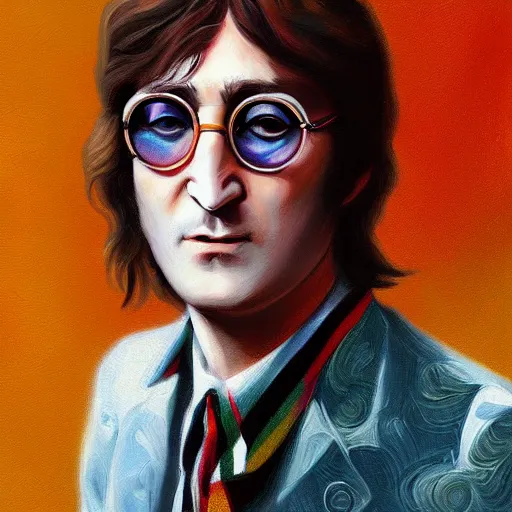 Image similar to john Lennon fashion, gucci catwalk, oil painting, digital art, ultradetailed, artstation