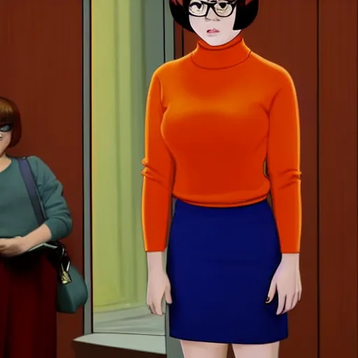 Prompt: Stunning Real Life Beautiful Portrait Scene of Velma Dinkley wearing her iconic orange sweater from Scooby Doo in court for falsely accusing someone of being a criminal by Greg Rutkowski. Velma is a teenage female, with chin-length auburn hair and freckles. She is wearing a baggy, thick turtlenecked orange sweater, with a red skirt, knee length orange socks and black Mary Jane shoes. Soft render, Pixiv, artstation