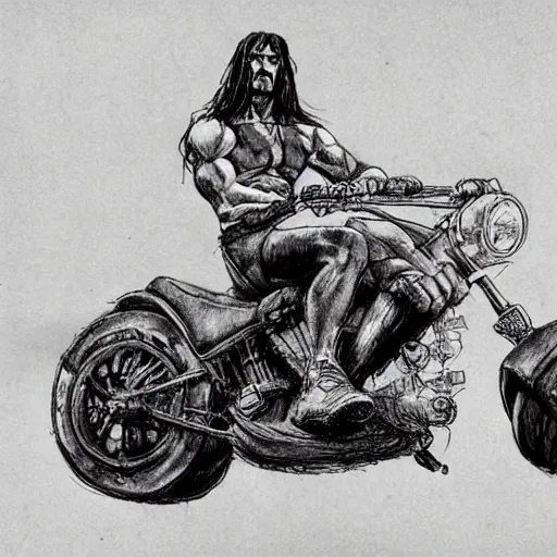 Image similar to concept art conan the barbarian riding a harley davidson