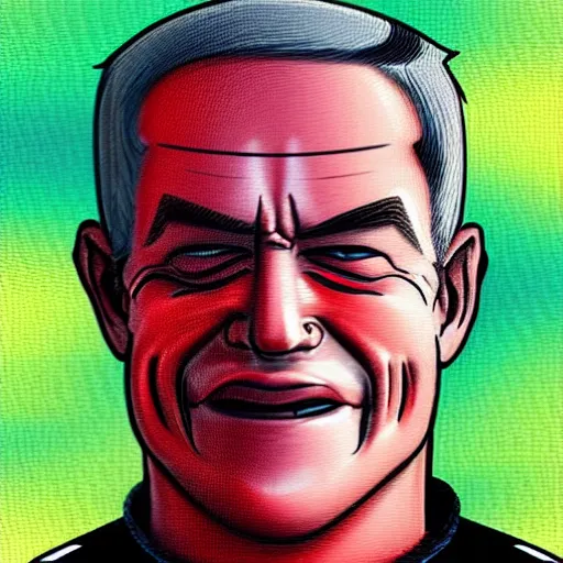 Image similar to a portrait of the terminator smiling as benjamin netanyahu, positive colors, warm