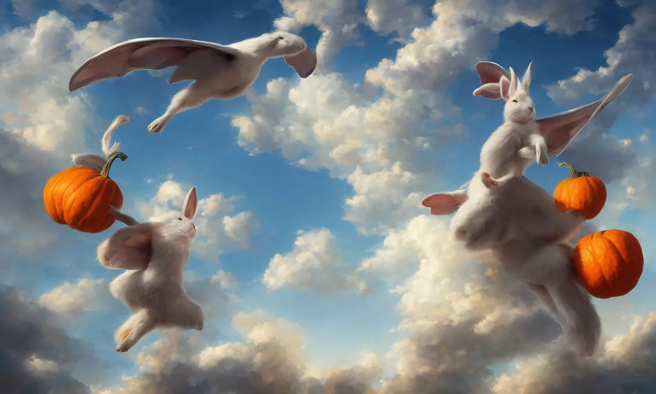 Image similar to a beautiful digital painting of a white rabbit flying in the clouds, birds in the sunlight, numerous golden pumpkins, blue sky at sunset, elegant, highly detailed, artstation, concept art, matte, sharp focus, art by tom bagshaw, kelogsloops and greg rutkowski