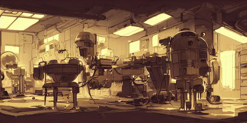 Prompt: concept art, intimate, retro, atomic age, droid repair workshop, 7 0 s aesthetics and palette, soft lighting, syd mead, akihiko yoshida, cinematic