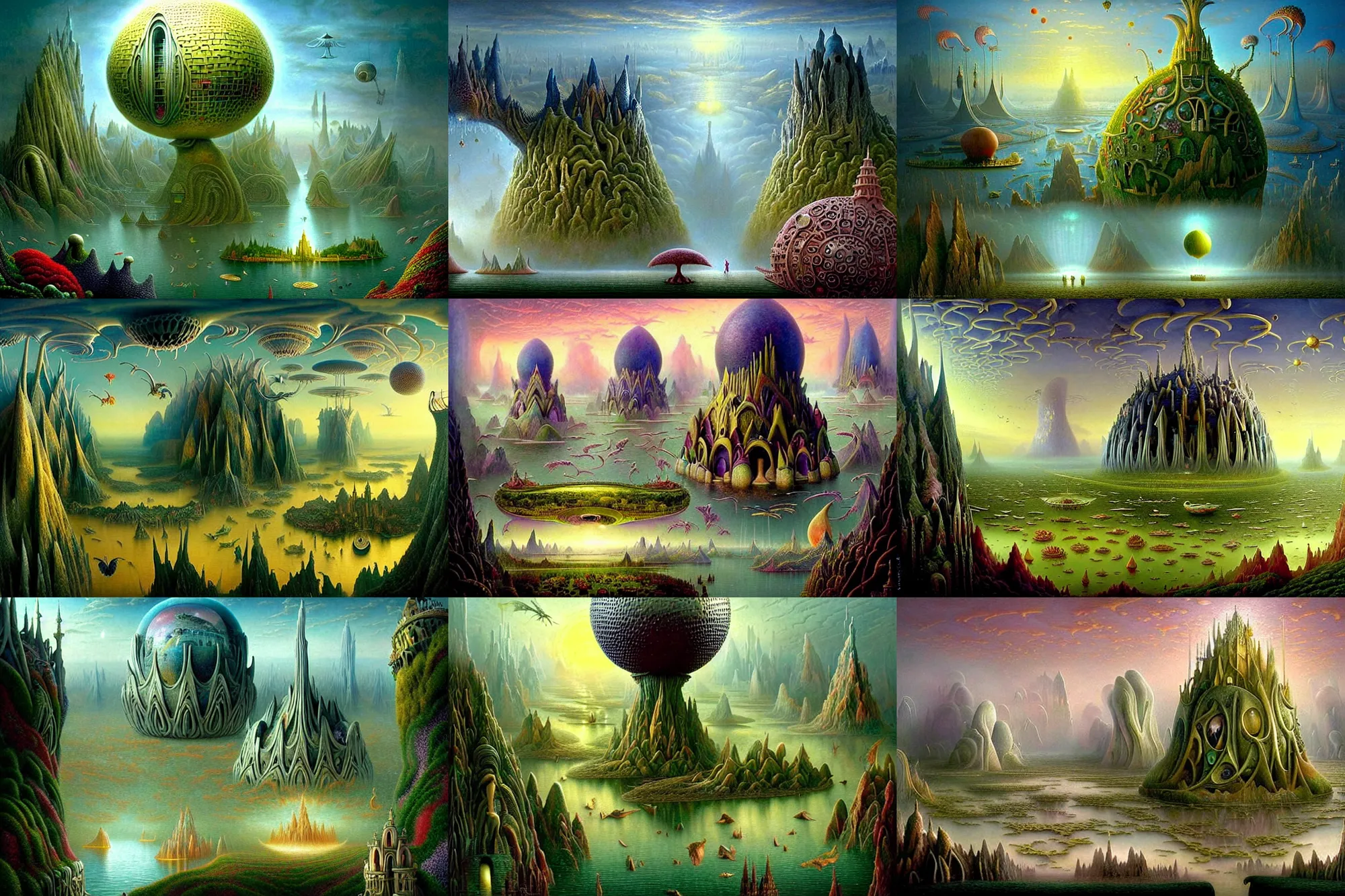 Prompt: a beautiful epic stunning amazing and insanely detailed matte painting of alien dream worlds with surreal architecture designed by Heironymous Bosch, mega structures inspired by Heironymous Bosch's Garden of Earthly Delights, vast surreal landscape and horizon by Andrew Ferez and Thomas Kinkade, masterpiece!!, grand!, imaginative!!!, whimsical!!, epic scale, intricate details, sense of awe, elite, wonder, insanely complex, masterful composition, sharp focus, dramatic lighting