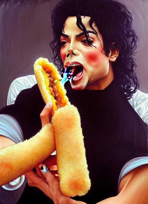 Prompt: michael jackson eating a corndog, painting by artgerm and greg rutkowski and alphonse mucha