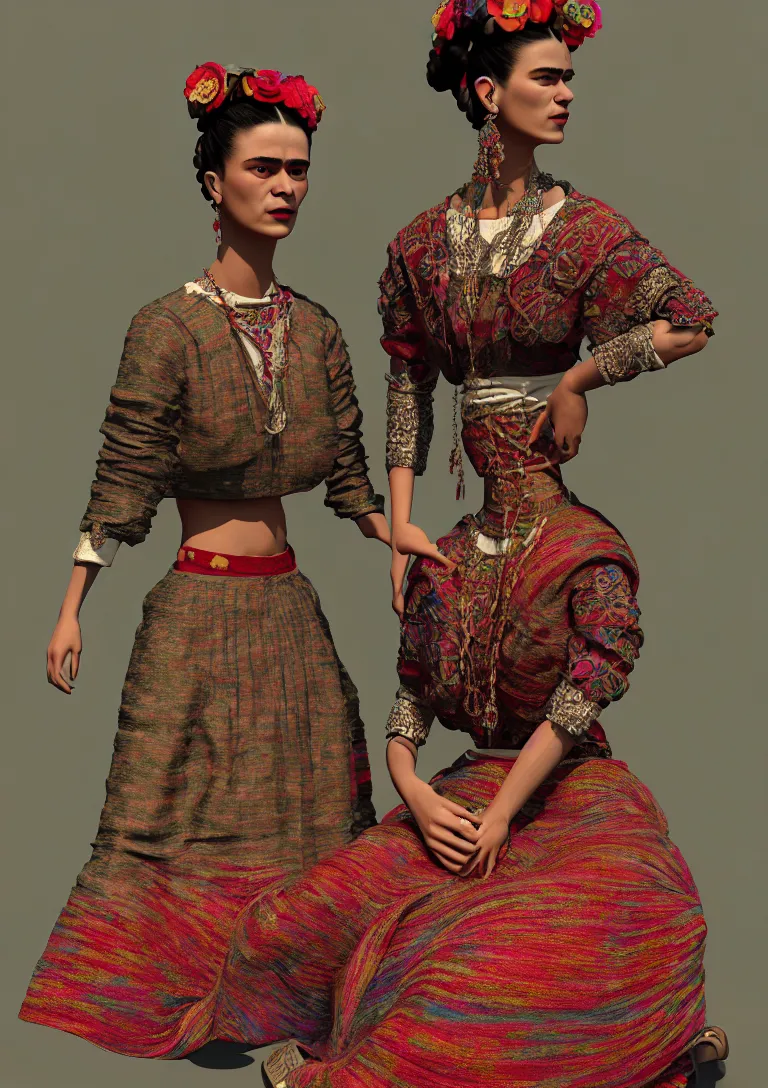 Image similar to cloths on frida khalo style, high detailed intricate fashion clothing, cotton texture, silk colors, ultra realistic, octane render, volumetric lights, long, wide skirts, loose - fitting blouses, elaborate hairstyles, and intricate embroidery