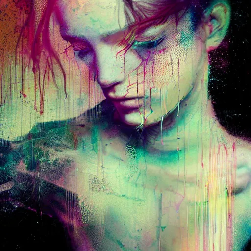 Image similar to glitchart of a young woman lucid dreaming in cyberspace photoreal, atmospheric by jeremy mann francis bacon and agnes cecile, ink drips paint smears digital glitches