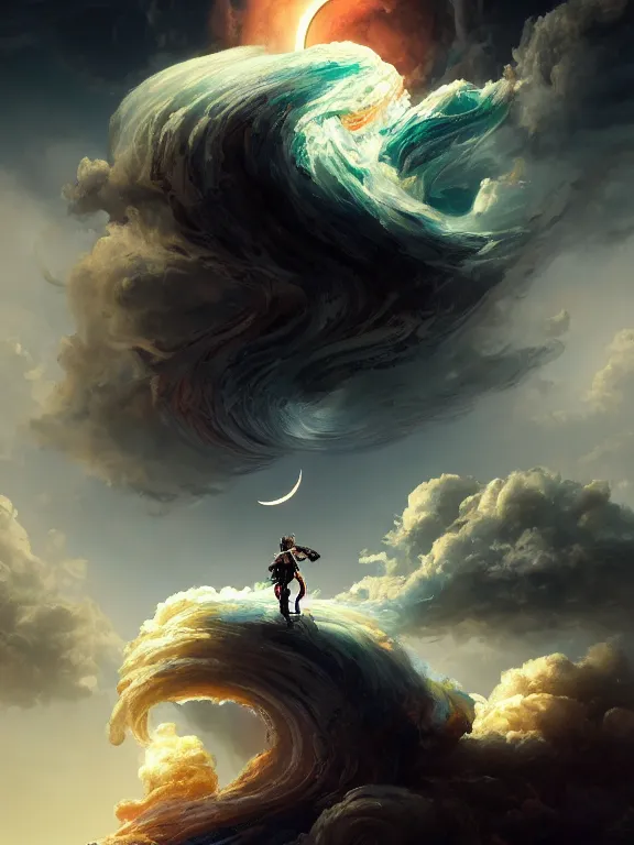 Image similar to photo of 8k ultra realistic crescent moon surrounded by swirling clouds and dramatic lighting, moon beams, full of colour, cinematic lighting, battered, trending on artstation, 4k, hyperrealistic, focused, extreme details,unreal engine 5, cinematic, masterpiece, art by Peter Mohrbacher