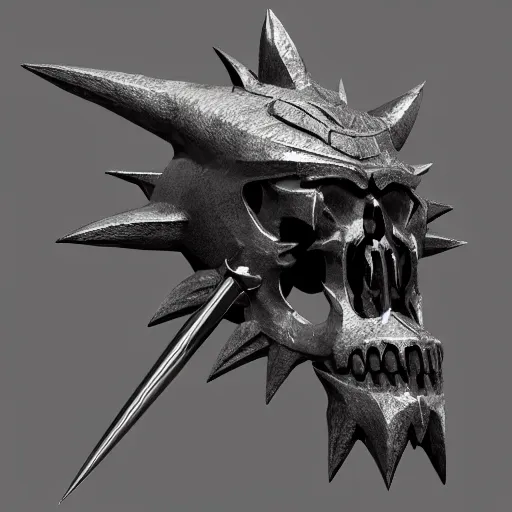 Image similar to a black sword skull crest, sharp tip, ornament, weapon, a 3 d render by dom qwek, studio lighting, front side view full sheet, trending on polycount, artstation, hard surface modeling, rendered in maya, 3 ds max, blender, artstation hd, vray