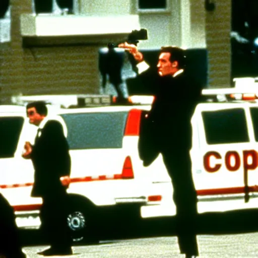 Image similar to patrick bateman shooting cops in american psycho ( 1 9 9 9 )