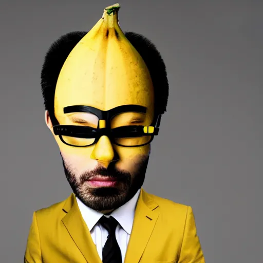 Image similar to a person with a banana head wearing a business suit