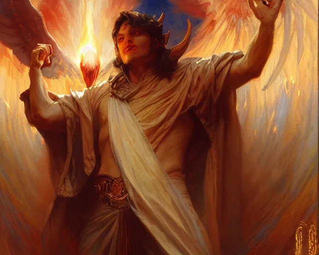 Image similar to attractive male deity, casting demonic magic, summoning handsome lucifer morning star. highly detailed painting by gaston bussiere, craig mullins, j. c. leyendecker 8 k