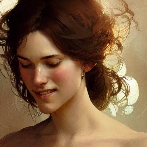 Prompt: A pregnant woman with closed eyes smiling, very detailed face, gorgeous, beautiful, intricate, highly detailed, digital painting, artstation, concept art, sharp focus, illustration, art by greg rutkowski and alphonse mucha