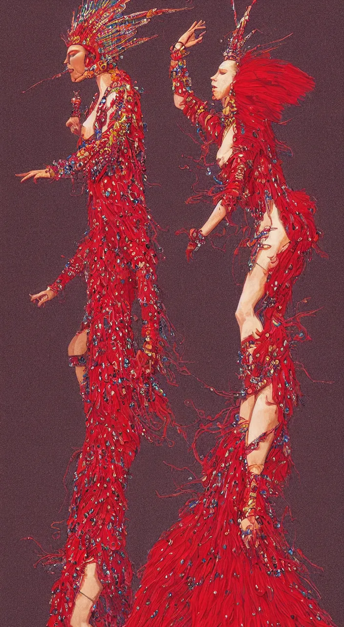 Image similar to a full - body woman character design concept art wearing a red sequined bodysuit, beads hanging over her face like an alexander mcqueen headdress, costume by eiko ishioka, haute couture by moebius, steven outram, colorful and psychedelic