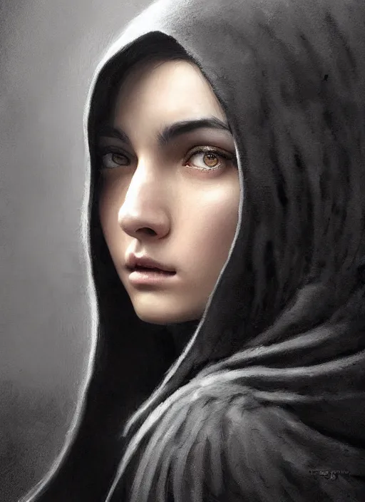 Image similar to a teenage fit girl with very short black hair and a huge cloak made of grey and black feathers. beautiful highly detailed face. beautiful painting by artgerm and greg rutkowski and raymond swanland, detailed portrait, closeup