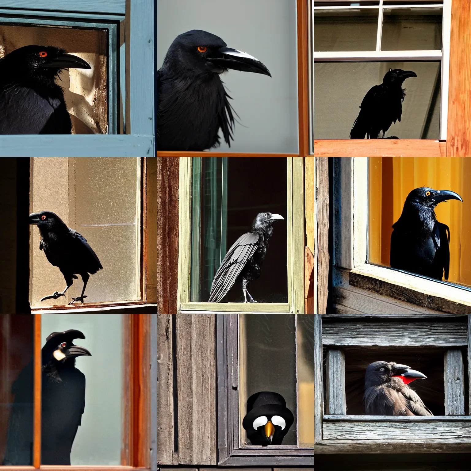 Prompt: an anthropomorphic crow looking like russell crowe with a large pirate hat on its head, peering out concerned down to camera from a small dusty glass window in a wooden wall, 2 0 1 2