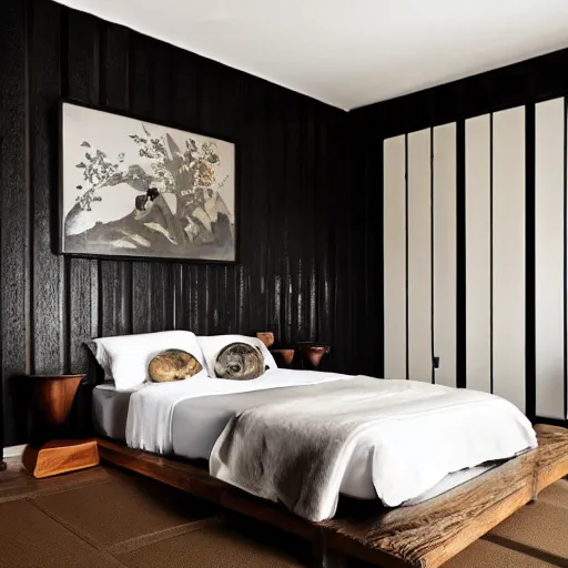 Prompt: bedroom, stone, interior design, stylish luxury hotel bedroom design, yakisugi, black vertical slatted timber, textures, feminine, black walls, art, Japanese pottery vase with flowers, kakejiku, seasonal, Japanese influences