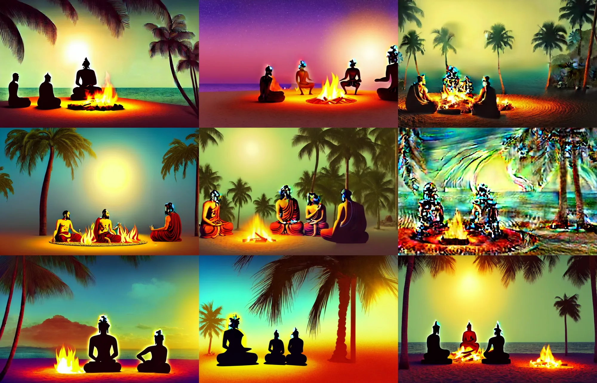 Prompt: close view of buddha gandhi and jesus sitting in a circle around a campfire at the beach with palm trees in the back, gloom haven, matte painting concept art, art nouveau, beautifully backlit, vibrant color