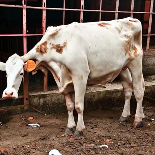 Image similar to dirty bottle of milk and a cow inside rusted slaughterhouse