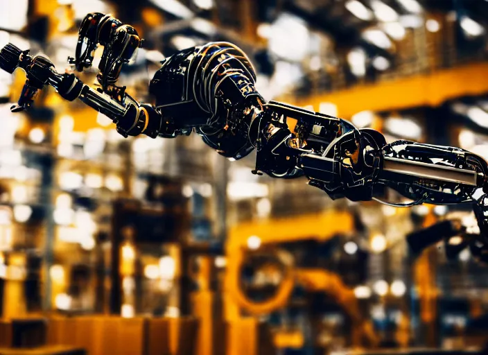 Image similar to a 3 5 mm photo of a robotic arm in a factory, bokeh, canon 5 0 mm, cinematic lighting, film, photography, golden hour, depth of field, award - winning