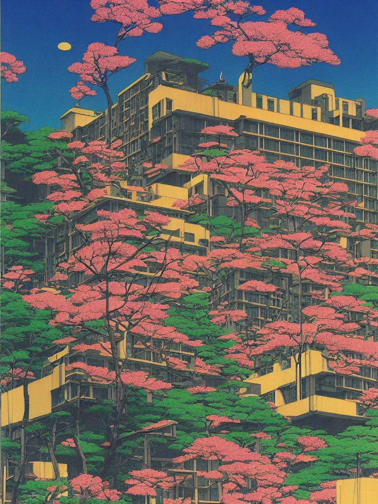 Image similar to a psychedelic hallucination of a brutalist hotel in the springtime blossom mountains, by kawase hasui, moebius, edward hopper, colorful flat surreal design, dramatic lighting, hd, 8 k, artstation