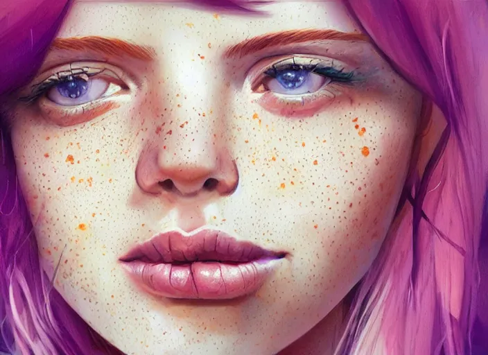 Image similar to portrait Girl with orange hair and freckles, purple background, cute-fine-face, pretty face, realistic shaded Perfect face, fine details. realistic shaded lighting by Anna Dittmann,