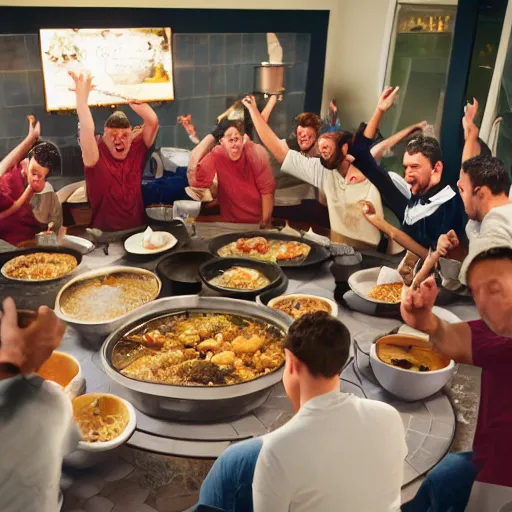 Prompt: photo realistic, a bunch of guys cheering waiting to eat from a steaming hot pot of cholent
