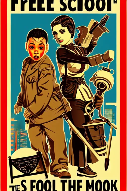 Image similar to free the school for the poor, propaganda poster.!!! pop art, pixel, bioshock, gta chinatown, artgerm, richard hamilton, mimmo rottela