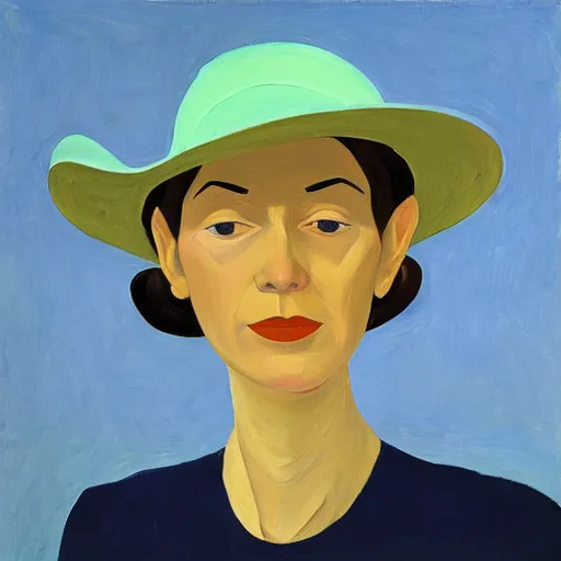 Prompt: woman with hat, by Alex Katz, colorful, friendly, oil on canvas