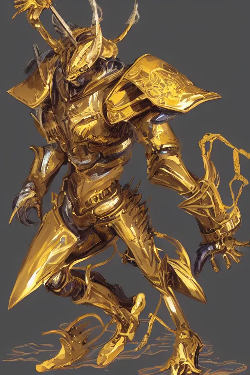 an anime showing the new golden armor zodiac Knight by, Stable Diffusion