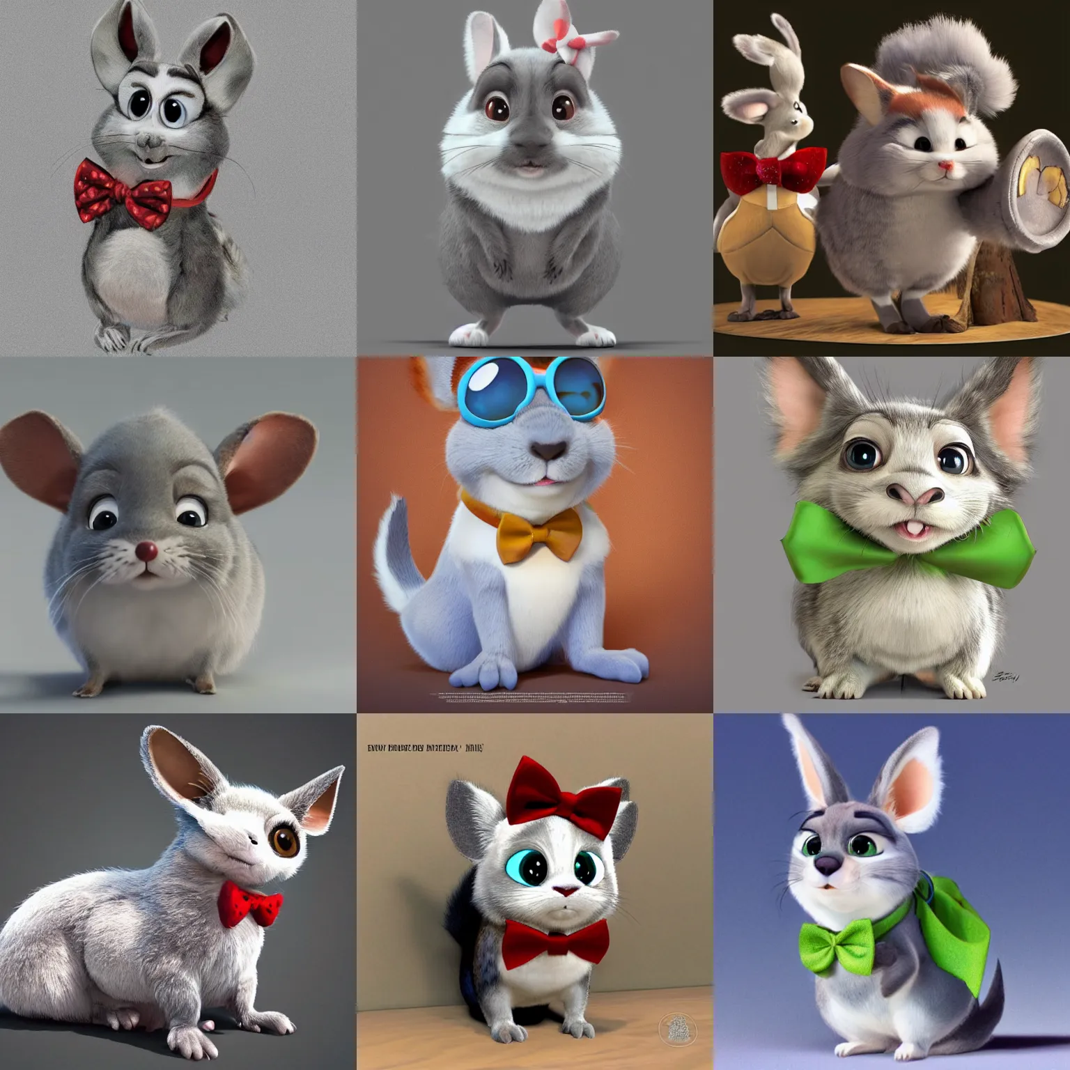 Prompt: very cute disney pixar chinchilla wearing a bow tie, detailed fur, concept artwork, 3 d render official art, zootopia, cartoony, adorable design, disney disney disney hq, artstationhd