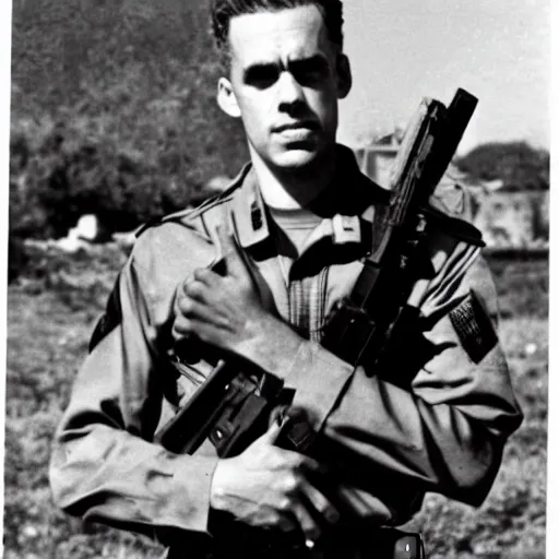 Image similar to jordan peterson holding an ak - 4 7 in military uniform, military photo, vietnam war