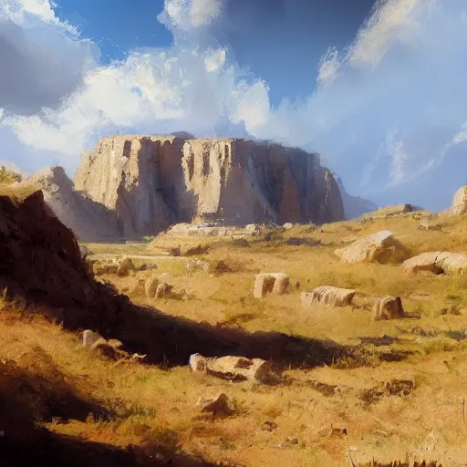 Prompt: concept art by craig mullins : an italian landscape in bright daylight. soft rolling hills in the foreground. in the distance a small mesa of white marble can be seen. a stone henge is standig atop of the cliff