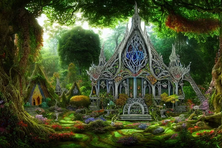 Prompt: a beautiful and highly detailed digital painting of an elven temple in a beautiful garden in a mystical forest, lothlorien, psychedelic patterns, celtic designs, intricate details, epic scale, hyperdetailed, hyperrealism,, artstation, cgsociety, 8 k, sharp focus, by caspar friedrich, albert bierstadt, james gurney, brian froud,