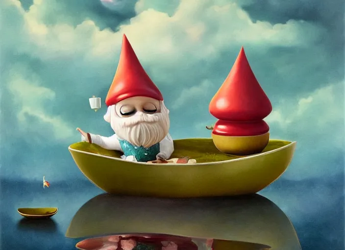 Prompt: a garden gnome sailing in a teacup, whimsical background of a reflective pond on a sunny day with dramatic clouds, an ultrafine detailed painting by mark ryden, trending on deviantart, pop surrealism, whimsical, lowbrow, joyous