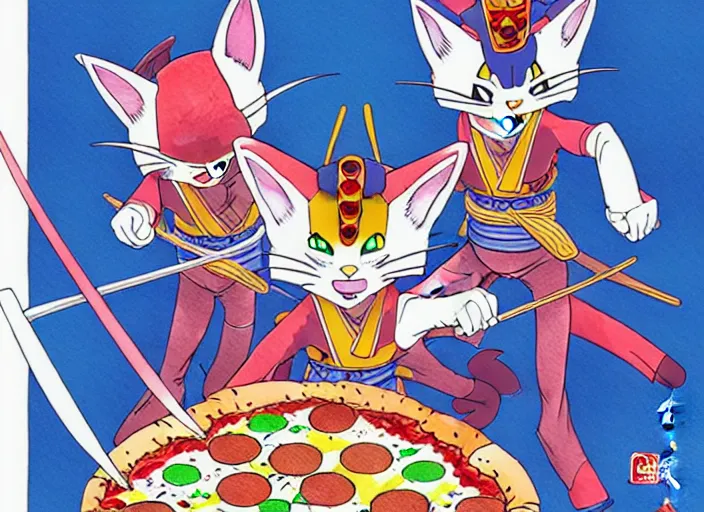 Image similar to samurai pizza cats, ink and watercolor illustration masterpiece, perfectly realistic yet surreal, by ryan ottley and mœbius