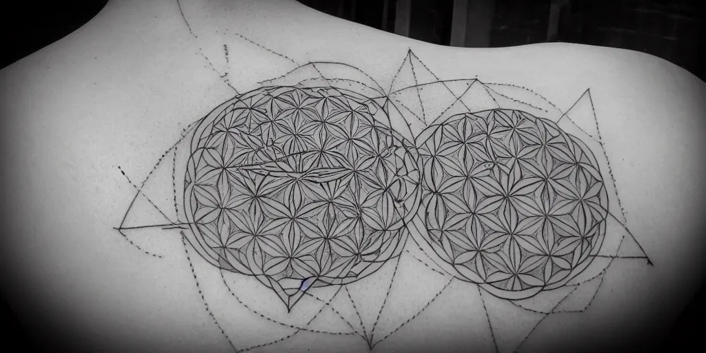 Image similar to sacred geometry tattoo design, flower of life, sri yantra, dotwork, design, tattoo, 8 k